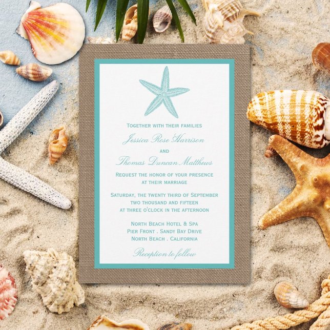 Turcos Starfish Burlap Beach WedCollection Collect Inbjudningar (Skapare uppladdad)