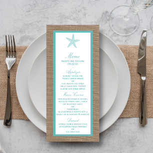 Turcos Starfish Burlap Beach Wedding Menu Reklamkort