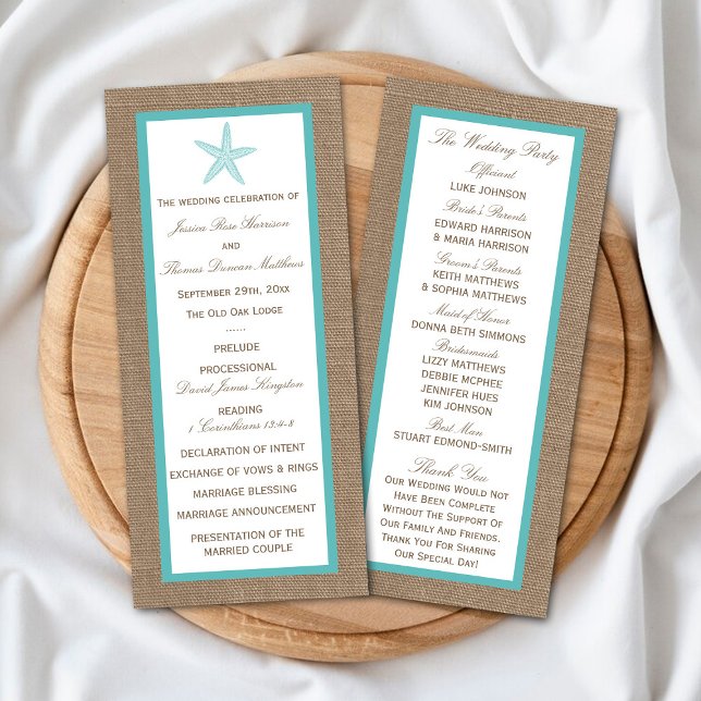 Turcos Starfish Burlap Beach Wedding Program (Skapare uppladdad)