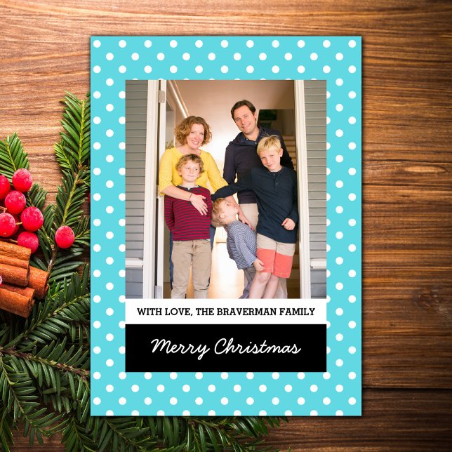 Turcos Sweet Polka Dot Helgdag Photo Flat Card Julkort (Turquoise Sweet Polka Dot Holiday Photo Card)