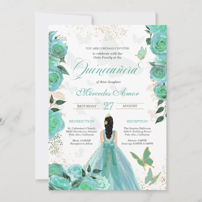 Turcos Teal Blue Ro Butterfly Quinceanera in Inbjudningar (Framsida)