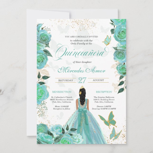 Turcos Teal Blue Ro Butterfly Quinceanera in Inbjudningar (Framsida)