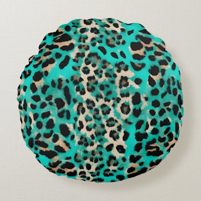 Turcos Teal Leopard Skriv ut Rund Kudde (Framsidan)