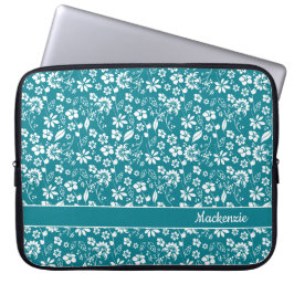 Turcos Teal Tropical Flowers Monogram Laptop Fodral