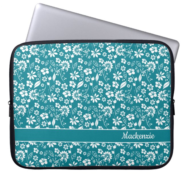 Turcos Teal Tropical Flowers Monogram Laptop Fodral (Framsidan)