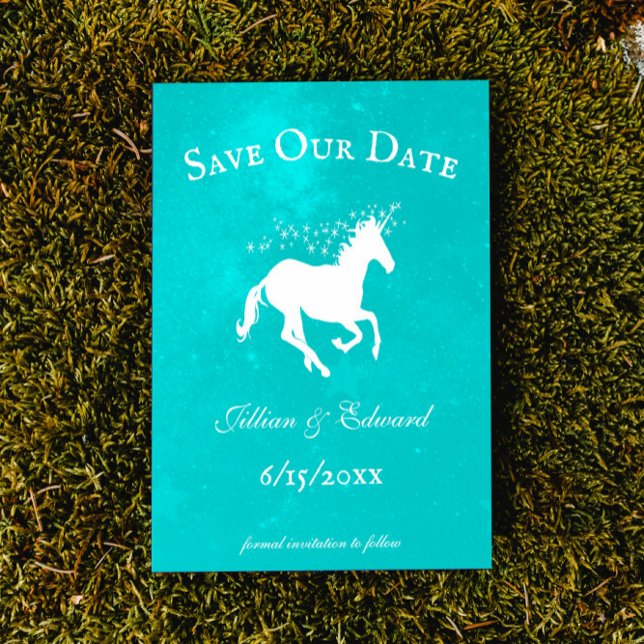 Turcos Unicorn Spara datum meddelande (Turquoise Unicorn Save the Date Wedding Announcement)