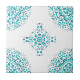 Turcos White Blommigt Mandala Geometric Mönster Kakelplatta