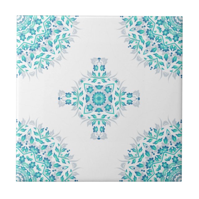 Turcos White Blommigt Mandala Geometric Mönster Kakelplatta (Framsidan)