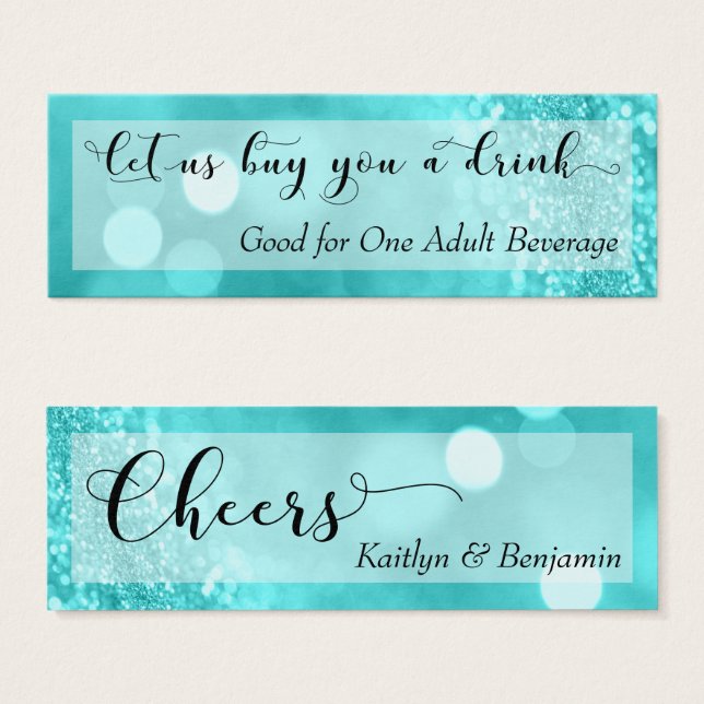 Turcouise Glitter Bokeh Script Mini Drink Biljett (Framsida & baksida)