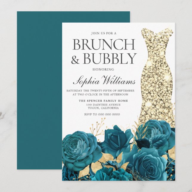 Turcouise Guld Gown Möhippa Brunch & Bubly Inbjudningar (Fram/baksida)