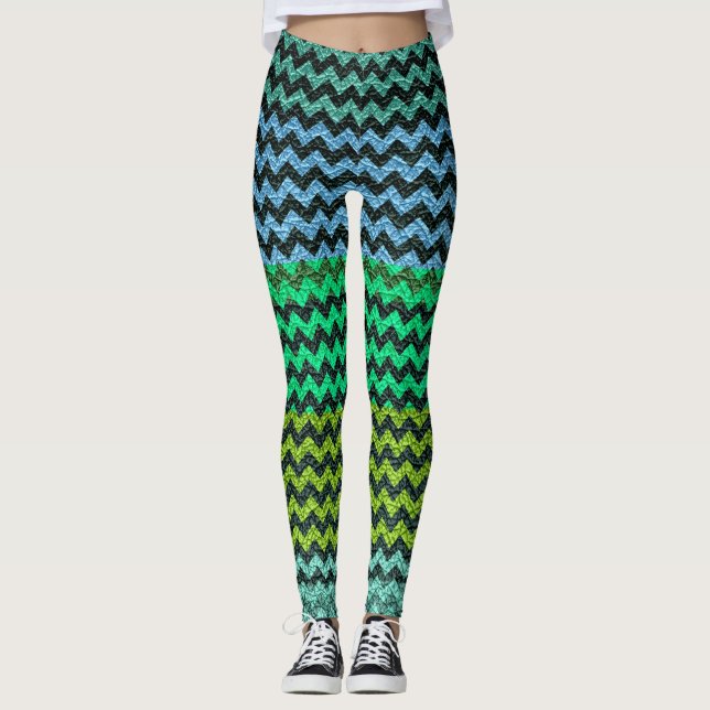 Turcouise Lime Mint Chevron Modern Leather Leggings (Framsida)