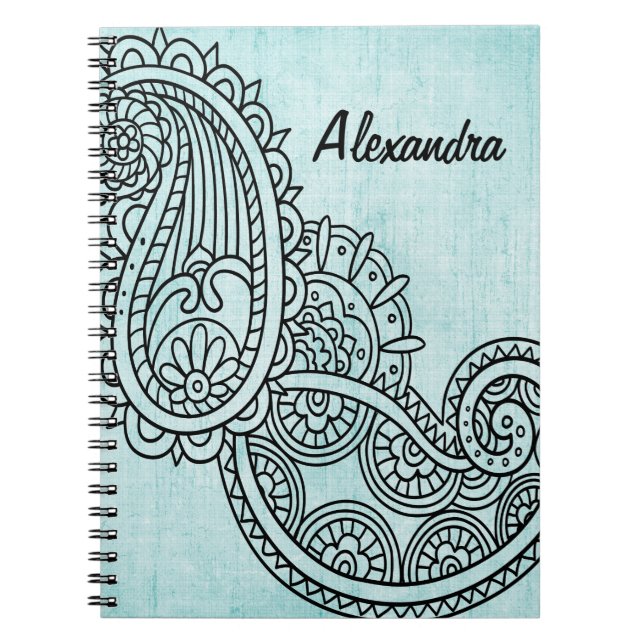 Turcouise Mehndi Motif Notebook Anteckningsbok Med Spiral (Framsidan)