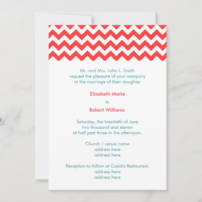 Turcouise och Coral Chevron Wedding bjudande Inbjudningar (Framsida)