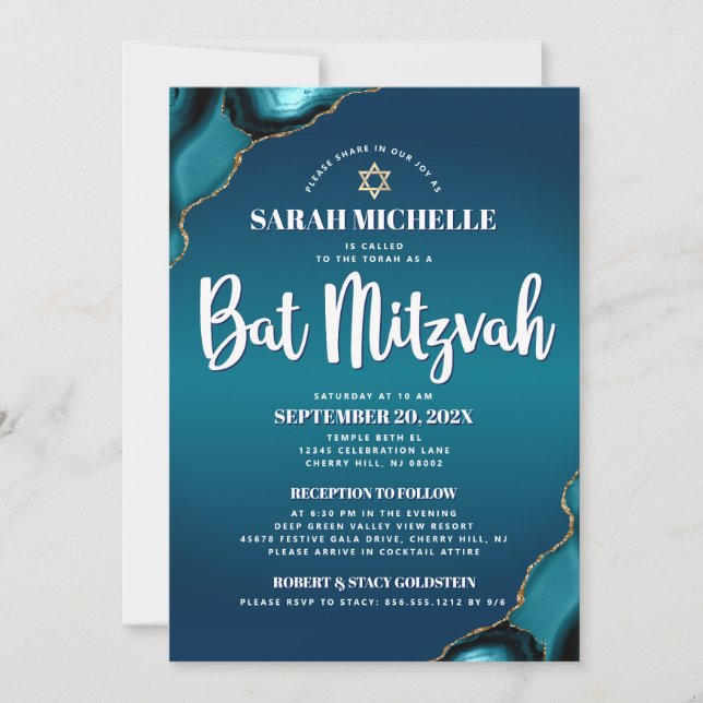 Turcouise Ombre Bat mitzvah Agate Script 2 Venue Inbjudningar (Framsida)