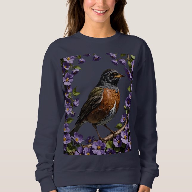 Turdus migratorius Fågel Omgiven Av Violett Viola T Shirt (Framsida)