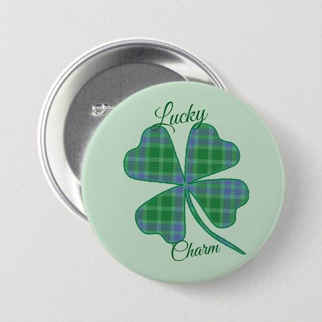Turgrön Rutig Shamrock Fyrklöver  Knapp (Framsida & baksida)