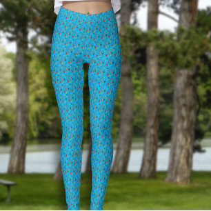 Turguoise mönster red poppy grönt löv leggings