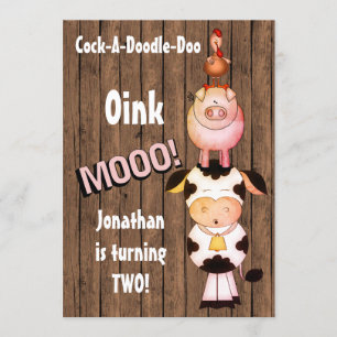 Turing 2 Cute Boskap på Barn Wood Birthday Inbjudningar