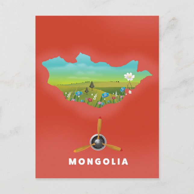 Turismen i Mongoliet Illustrated karta poster. Vykort (Framsida)