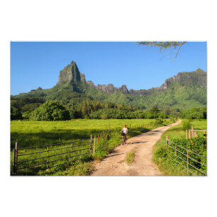 Turist som cyklar på tropiskt Moorea fototryck