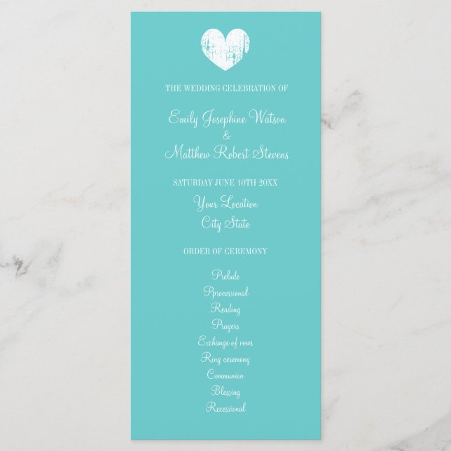 Turistblått och vitt bröllop-ceremoniprogram program (Framsida)