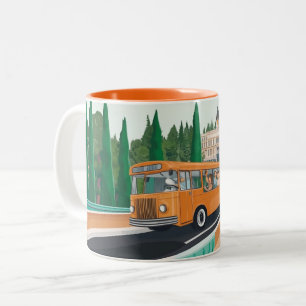 turistbuss i vintage-stil med glada passagerare Två-Tonad mugg