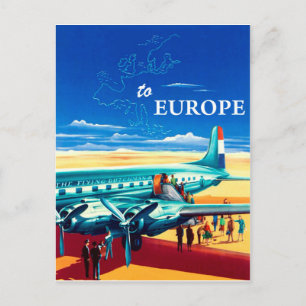 Turister är redo att flyga till Europa, vintage re Vykort