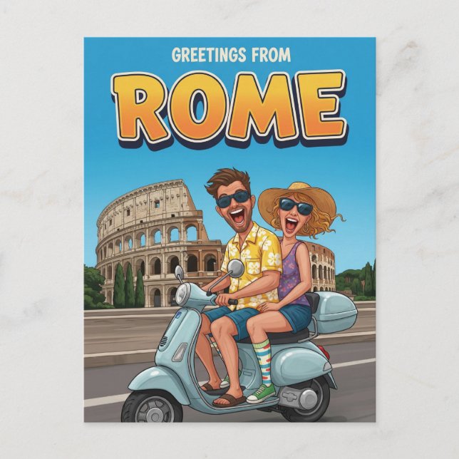 Turister på Vespa i Roms Italien Postcard Vykort (Framsida)
