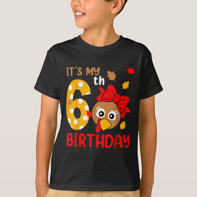 Turkey 6th Birthday Autumn Thanksgiving Party Boy  T Shirt (Framsida)