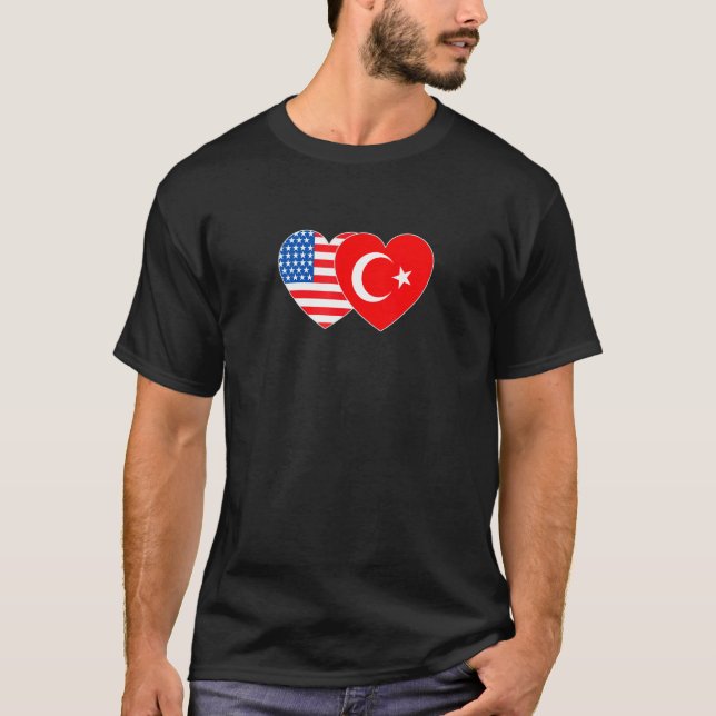 Turkey and USA Flag Twin Heart for Turkish America T Shirt (Framsida)