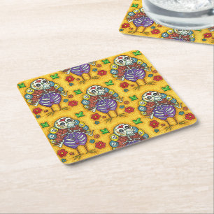 TURKEY BONES FLORFUL FOLK THANKSGIVING BIRD SKULL UNDERLÄGG PAPPER KVADRAT