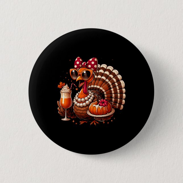 Turkey Drinking Coffee Bow Thanksgiving Womens Tur Knapp (Framsida)