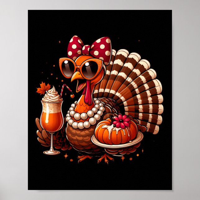Turkey Drinking Coffee Bow Thanksgiving Womens Tur Poster (Framsidan)