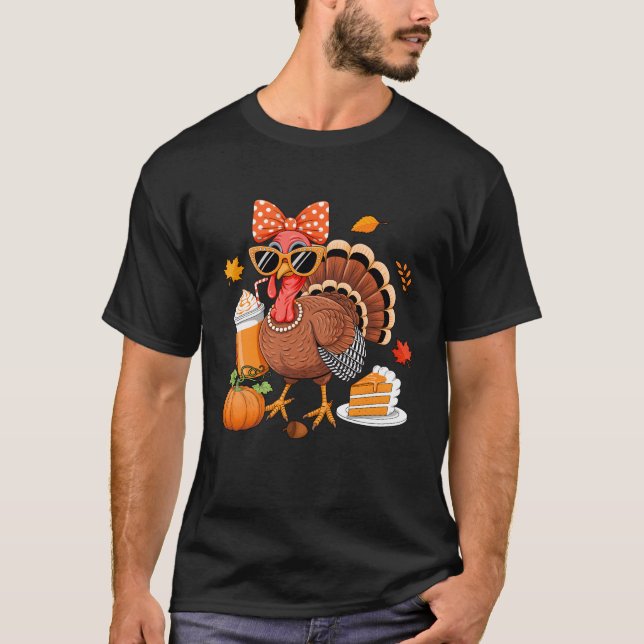 Turkey Drinking Coffee Bow Thanksgiving Womens Tur T Shirt (Framsida)