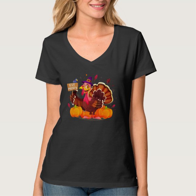 Turkey Eat Pizza Adult Vegan Kids   Thanksgiving T Shirt (Framsida)