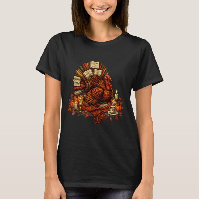 Turkey Reading Books Fall Season Thanksgiving Teac T Shirt (Framsida)
