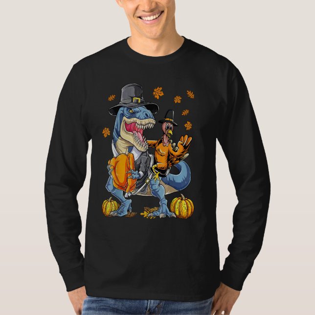 Turkey Riding Dinosaur rex Thanksgiving  Pilgrim B T Shirt (Framsida)