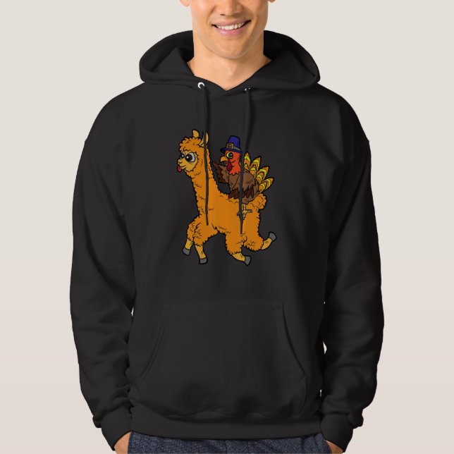 Turkey Riding Llama Thanksgiving Day Animal Fall A Hoodie (Framsida)