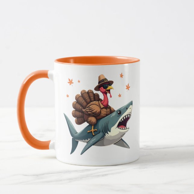 Turkey Riding Shark Funny Thanksgiving  Mugg (Vänster)