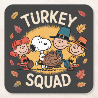 Turkey Squad Funny Cartoon Friends Thanksgiving Underlägg Papper Kvadrat