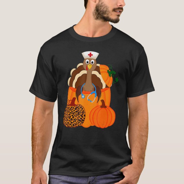 Turkey Stethoscope Nurse Pumpkin Leopard Print Tha T Shirt (Framsida)