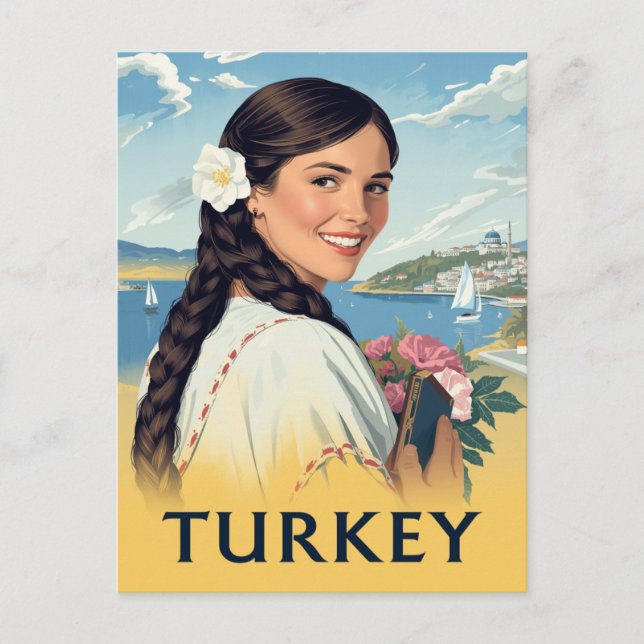 Turkey Travel Poster Smiling Woman and Coastal Vykort (Framsida)