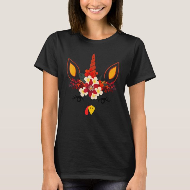 Turkey Unicorn Face Flower Thanksgiving Pilgrim Gi T Shirt (Framsida)