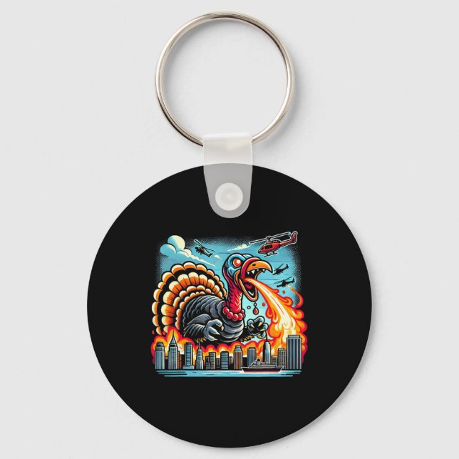 Turkeyzilla – Eldandande Thanksgiving Dino Tur Nyckelring (Framsida)