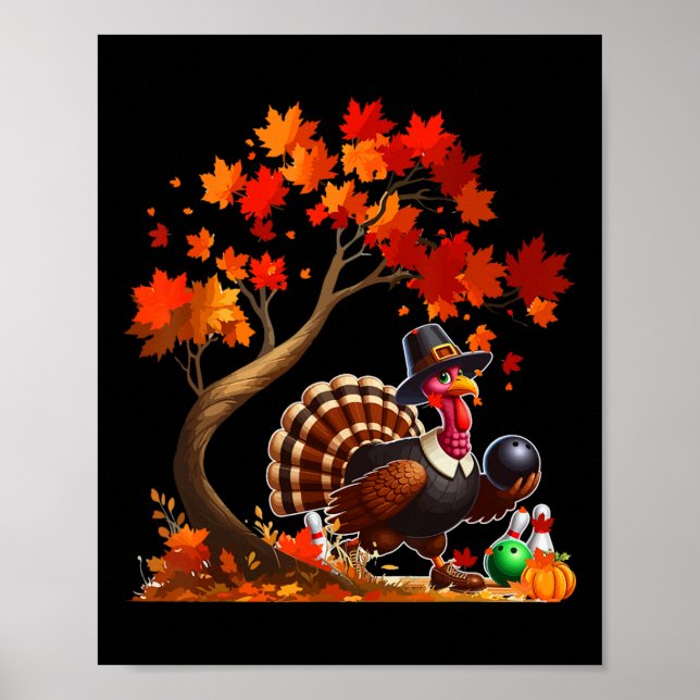 Turkiet Fall Träd Thanksgiving Bowling Älskare Pla Poster (Framsidan)