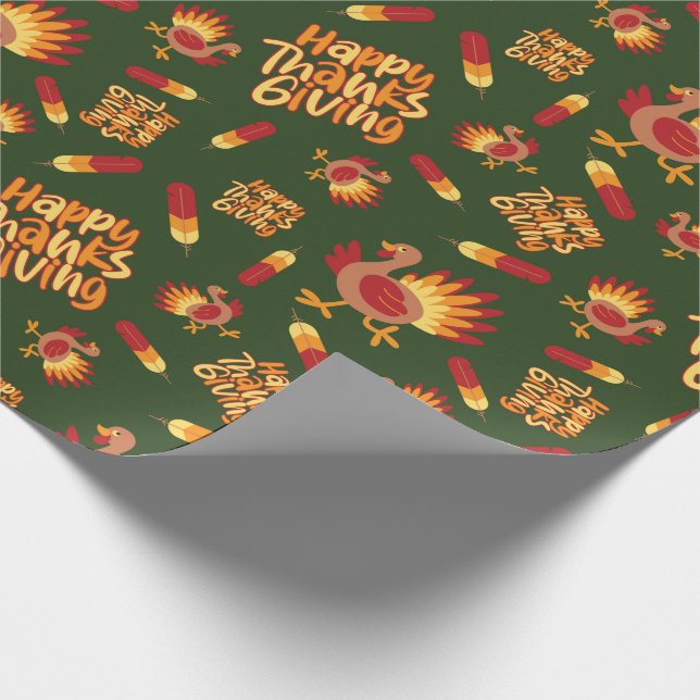 Turkiet, Feather och Happy thanksgiving Mörk grönt Presentpapper (Hörn)