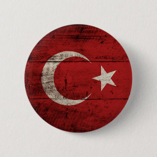 Turkiet flagga på gammalt Wood korn Knapp