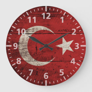 Turkiet flagga på gammalt Wood korn Stor Klocka