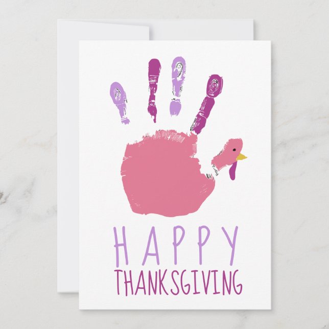 Turkiet Handprint Kid Happy thanksgiving Cute Rosa Julkort (Framsida)
