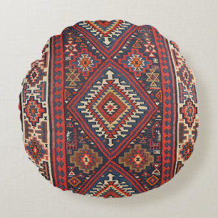 Turkiet Kilim Aztec Red Blue Tan Rund Kudde